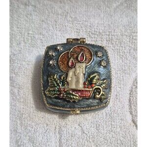 MONET Trinket Box Retired GREEN CANDLE Collectible Enamel TRINKET BOX CHRISTMAS